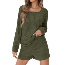 Damespyjamasets, tweedelige outfits met tops met lange mouwen en shorts, effen shirts met ronde hals, comfortabele geribbelde gebreide nachtkleding
