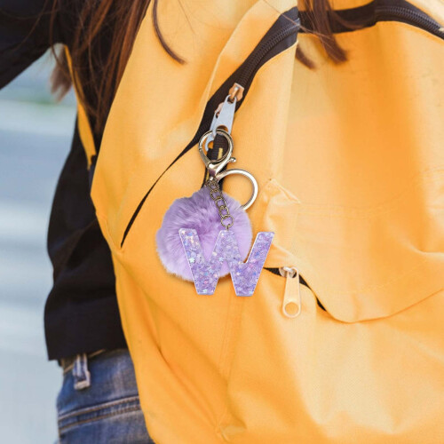 Purple Velvet Ball Keychain Set with Initial Personalization 2
