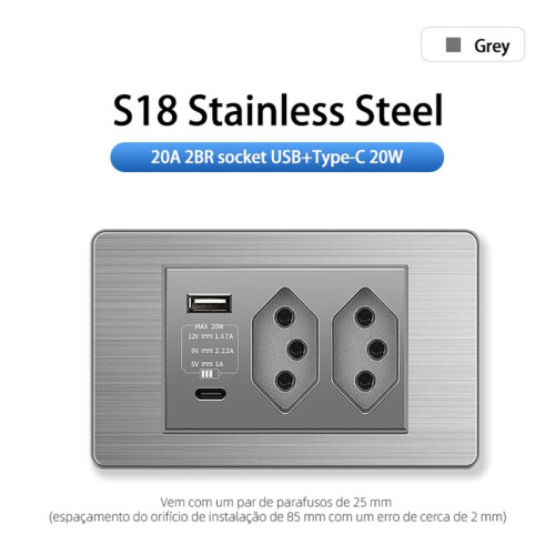 Brazilian Standard Socket Light  Socket Wall Power Socket Dual USB Type-C 20A Fast Charge 20W /Off 2 BR Socket 1