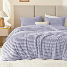 Fluffy Queen Comforter Set – Super Soft Faux Fur Stripe Jacquard, 3-Pc Purple Fleece Bedding, Winter Warm, 1 Comforter + 2 Pillowcases