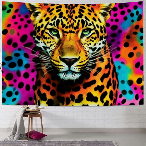 Tapeçaria de parede com estampa de leopardo em arco-íris neon – 101,6 x 76,2 cm (40 x 30 polegadas) com efeito de pelo para meninas e mulheres,