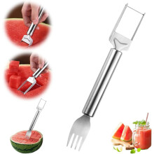 Coupe-fruits 2 en 1 en acier inoxydable, fourchette à pastèque portable 2024 avec manche rond, accessoire de cuisine.