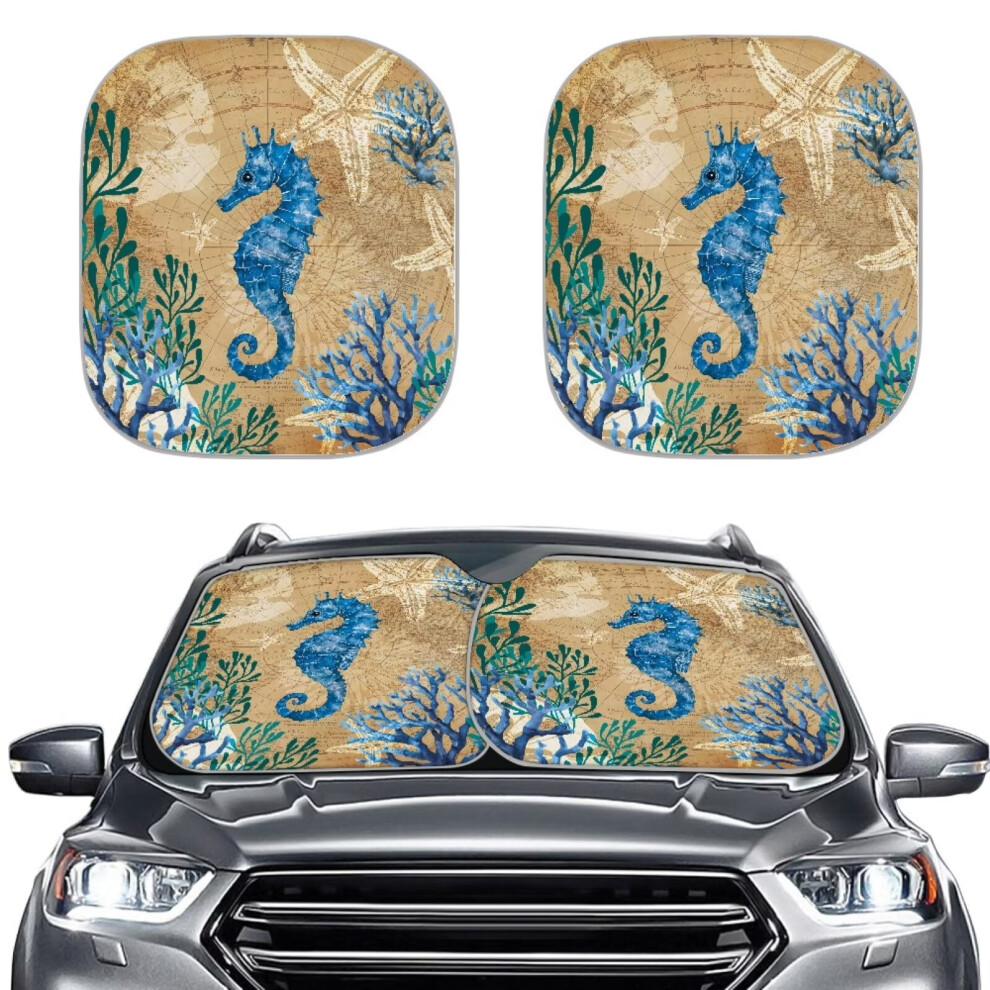 Foldable Car Windshield Sun Shade, 2-Piece Set For Cars/Trucks/Suvs Â Sea Design, Compatible With Most Vehicles Coral 9357860931496