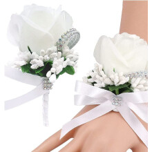 Ensemble de 2 pièces comprenant un corsage de poignet et une boutonnière en rose artificielle blanche, pour les mains des mariés, un bal de promo