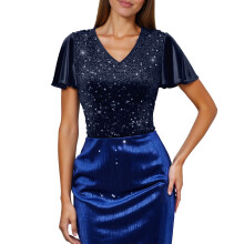 Carnaval dames top met pailletten, korte mouwen, T-shirt, feestelijke blouse, modieuze losse top met ronde hals, casual elegante glinsterende top
