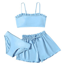 Toddler Girl's 3 Piece Swimsuits Soild Bikini Rullfe Bathing Suit Briefs Girls Bikini Swimwear Set For 8-10 Years
