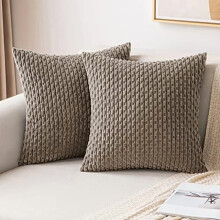 Lot de 2 housses de coussin 50 x 50 cm en velours côtelé rayé style bohème, marron neutre, décoration champêtre moderne — Compatibles avec