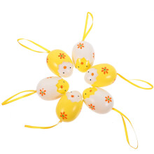 6 gele plastic eivormige ornamenten voor paasfeestjes en als hangdecoratie.