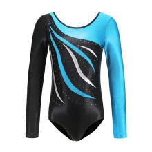 Glitrende gymnastikkleotard med strass for jenter og gutter, langermet ballett-/latin-body, himmelblå, 3-4 år, kompatibel med vår/sommer