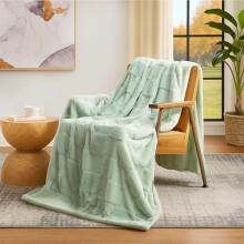 Checkered Faux Rabbit Fur Twin Blanket (60x80 in, Light Green) – Soft Fuzzy Throw for Bed, Sofa, Bedroom, Living Room
