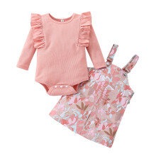 Leuke 2-delige winteroutfit voor peutermeisjes: geribbelde top met lange mouwen + jurk met bloemen en bretels, 12-18 maanden
