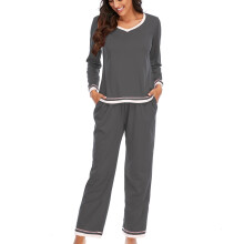 Damespyjamaset, casual top met lange mouwen en lange broek, tweedelige nachtkleding voor thuis, grijs, XXL