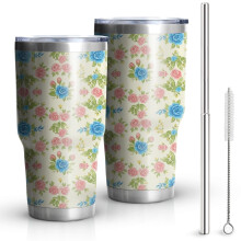 Copo térmico Pioneer Flower de 887 ml com estampa floral, parede dupla com isolamento a vácuo, tampa à prova de vazamentos e livre de BPA, canudos