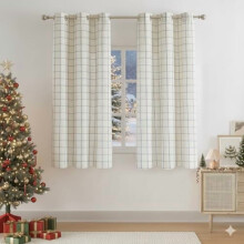54" Buffalo Plaid Light Filtering Curtains, Woven Blue Stripes on Beige Linen Blend, Farmhouse Grommet Top, 40"x54", 2 Panels