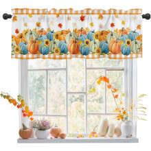 Cantonnière automnale bleue et orange à motif citrouille, tournesols, feuilles d'érable et carreaux – 137 x 46 cm, passe-tringle, 1 panneau.