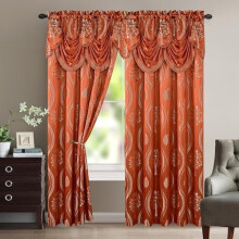 Aurora Jacquard Look Curtain Panel Set with Attached Valance 54" X 84 inch (Set of 2), Rusty Red