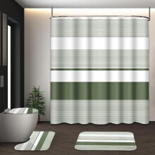 Ensemble rideau de douche vert sauge (4 pièces) avec couvre-abattant, tapis antidĂ©rapants et 12 crochets – Ensemble de salle de bain moderne Ă