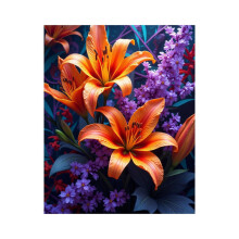 Malen nach Zahlen Set für Erwachsene – Orange Lilien auf lila Hintergrund, einfaches DIY-Leinwandset für Anfänger, Heimdekoration (kompatibel