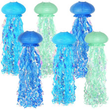 Lanternes en papier méduses bleues, lot de 6, 25 cm, décorations à suspendre pour fêtes sur le thème des sirènes, de l'océan et des fonds