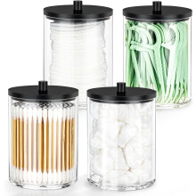 Lot de 4 distributeurs de cotons-tiges en acrylique, pots d'apothicaire transparents pour le rangement et la décoration de la coiffeuse de salle de