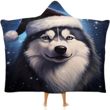 Couverture à capuche avec un adorable husky sibérien, thème Noël, idéale pour le canapé, pour enfants, adolescents, hommes et femmes.