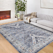 Area Rug Washable Vintage Indoor Floor Cover Print Distressed Carpet Foldable Accent Rug Living Room Bedroom Dining Room, Blue, 5'x7'