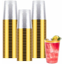 Gouden plastic feestbekers van 255 ml, verpakking van 100 stuks.