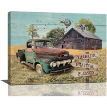 Farmhouse Teal Truck Wall Art – Country Windmill & Barn Canvas Print, 16"x12", Framed, Compatible with Rustic & Modern Decor