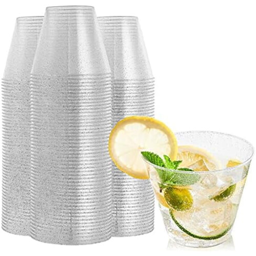 Bicchieri di plastica argento da 266 ml (9 oz), bicchieri di plastica rigida trasparente usa e getta, glitter argento, resistenti, riutilizzabili,