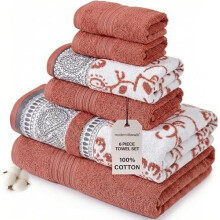 Ensemble 6 pièces, 2 serviettes de bain, 2 serviettes de toilette, 2 gants de toilette. Serviettes jacquard/unies teintes en fil, coloris Ophelia