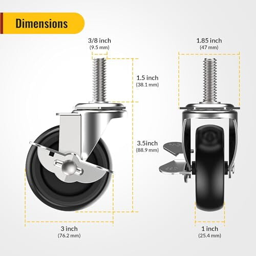 Rodízios giratórios de 3 polegadas com trava, conjunto de 12 unidades, haste roscada 3/8" -16x1-1/2" (diâmetro 3/8", comprimento 1-1/2"), 1