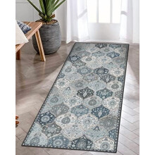 Moroccan Trellis Kitchen Runner Rug, 2x5 ft, Washable, Non-Slip Rubber Backing, Ultra-Thin Vintage Carpet for Entryway, Bedroom, Bathroom – Blue