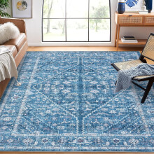 9x12 Large Living Room Rug Vintage Oriental Foldable Non-Skid Stain Resistant Washable Traditional Print Low-Pile Non-Shedding Carpet (Blue)