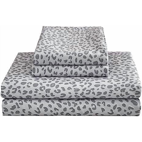 Silver Grey Cheetah Print Twin Bed Sheet Set Microfiber