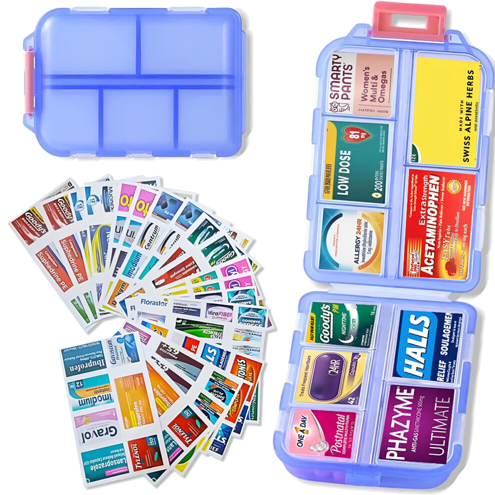 ACDANC Travel Pill Organizer Box 147 Labels Blue,Organizer With Labels for Daily Use,Home and Kitchen