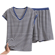 Plus size damesmode gestreepte V-hals losse mouwloze pyjamaset met zakken (top + short) XL-5XL loungewear huispak
