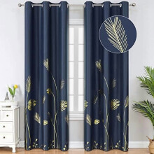 Navy Blue Blackout Curtains 42x84, Thermal Insulated, Gold Leaf Wheat Print, 2 Panels, Compatible with Standard Windows