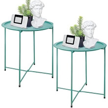 End Table Set of 2, Metal Round Folding Side Table, Green