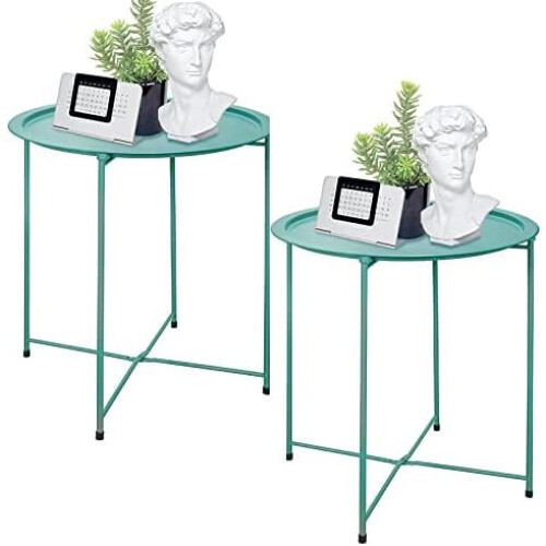 End Table Set of 2, Metal Round Folding Side Table, Green
