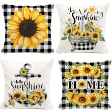 Ensemble de 4 housses de coussin tournesol, 51 x 51 cm, lin à carreaux jaunes et noirs, style ferme (garniture non incluse)