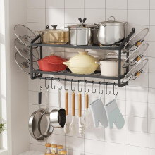 Support mural pour casseroles de 76 cm (30 po) – Noir mat, 12 crochets en S, 6