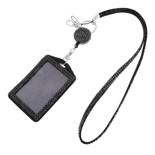 Porte-badge en cuir noir orné de strass