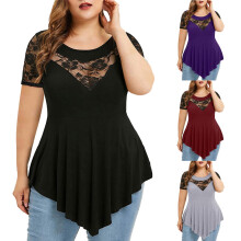 Damen-Tops in Übergröße, Kurzarm, einfarbig, mit Blumenmuster, Spitze, Rundhalsausschnitt, asymmetrisch, Dreiviertel-Schnitt, Bluse,