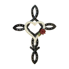 Cross Pendant Vintage Heart Flower Pattern Metal Horseshoe Cross Wall Hanging Ornament for Outdoor Home Decoration