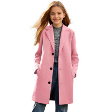 Girls Solid Color Long Wool Coat Lapel Button Outerwear with Pockets Fall Winter Vacation Casual Wear for Kids 5-14 Years(Pink,5 Years)