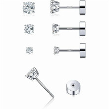 Conjunto de 3 pares de brincos de moissanita com base plana, em prata de lei 925 hipoalergênica, banhados a ouro branco 18K.