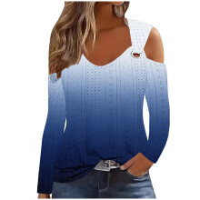 Camisa informal azul oscuro de manga larga con botones, cuello redondo, poliéster, degradado, para mujer, talla XL