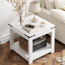 Farmhouse End Table White 20 Inch Square with Shelf