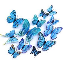 Décoration murale papillons 24/48 pièces, autocollants papillons 3D aimantés pour décorations de fête (bleu, 48)