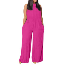 Plus Size Overallok Női Elegáns Lenvászon Bő Szárú Overall Egyszínű Szexi Ujjatlan Pántnélküli Top Álnyakú Overall Élénk Rózsaszín XL